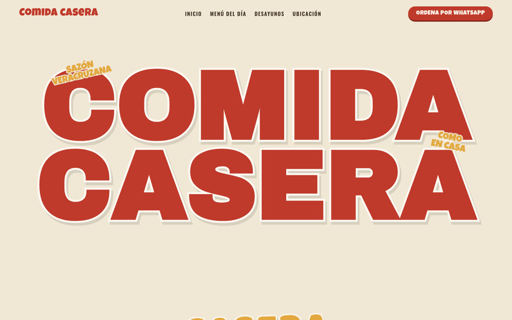 Ejemplo de comida casera en escritorio: título Comida casera en letras grandes y botón para ordenar por WhatsApp