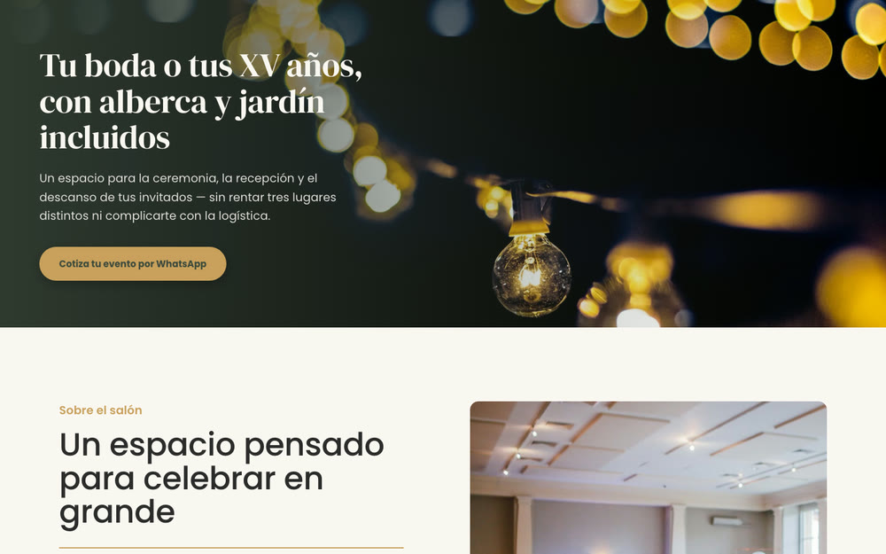 Ejemplo de salón de eventos en escritorio: titular Tu boda o tus XV años, con alberca y jardín incluidos