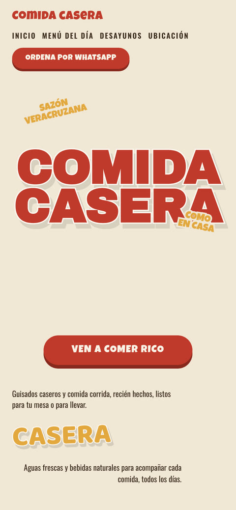 Ejemplo de comida casera en celular: portada y menú del día