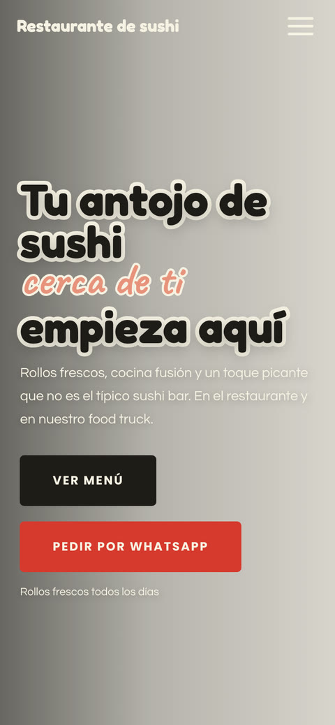 Ejemplo de restaurante de sushi en celular: portada con botones para ver el menú y pedir