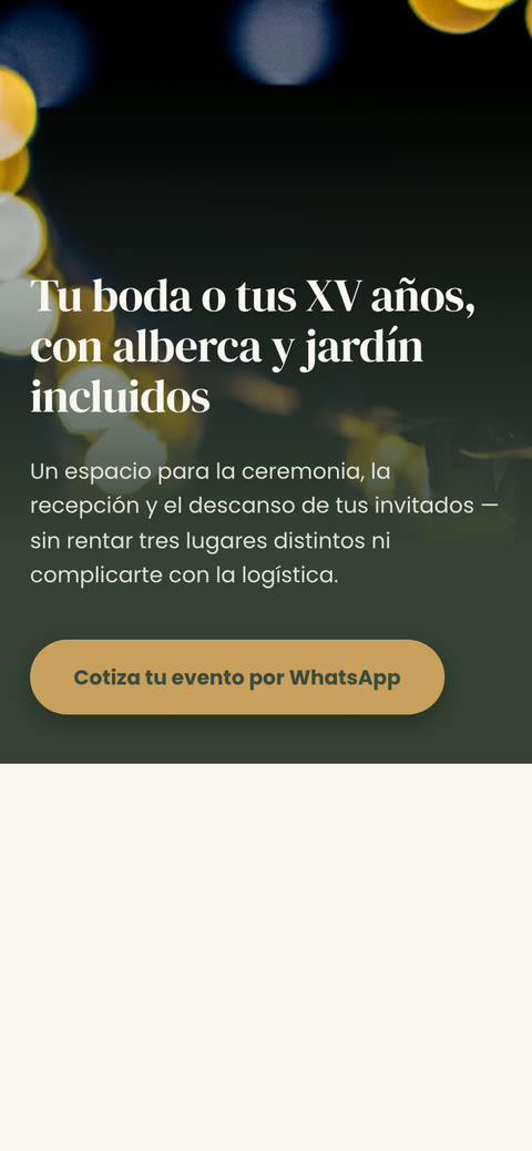 Ejemplo de salón de eventos en celular: portada con botón para cotizar