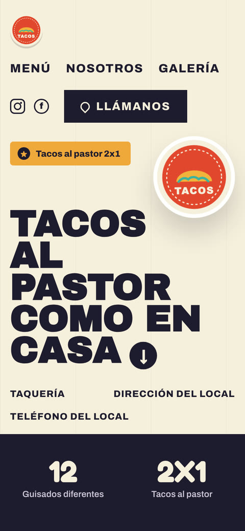 Ejemplo de taquería en celular: portada, menú y datos de contacto genéricos